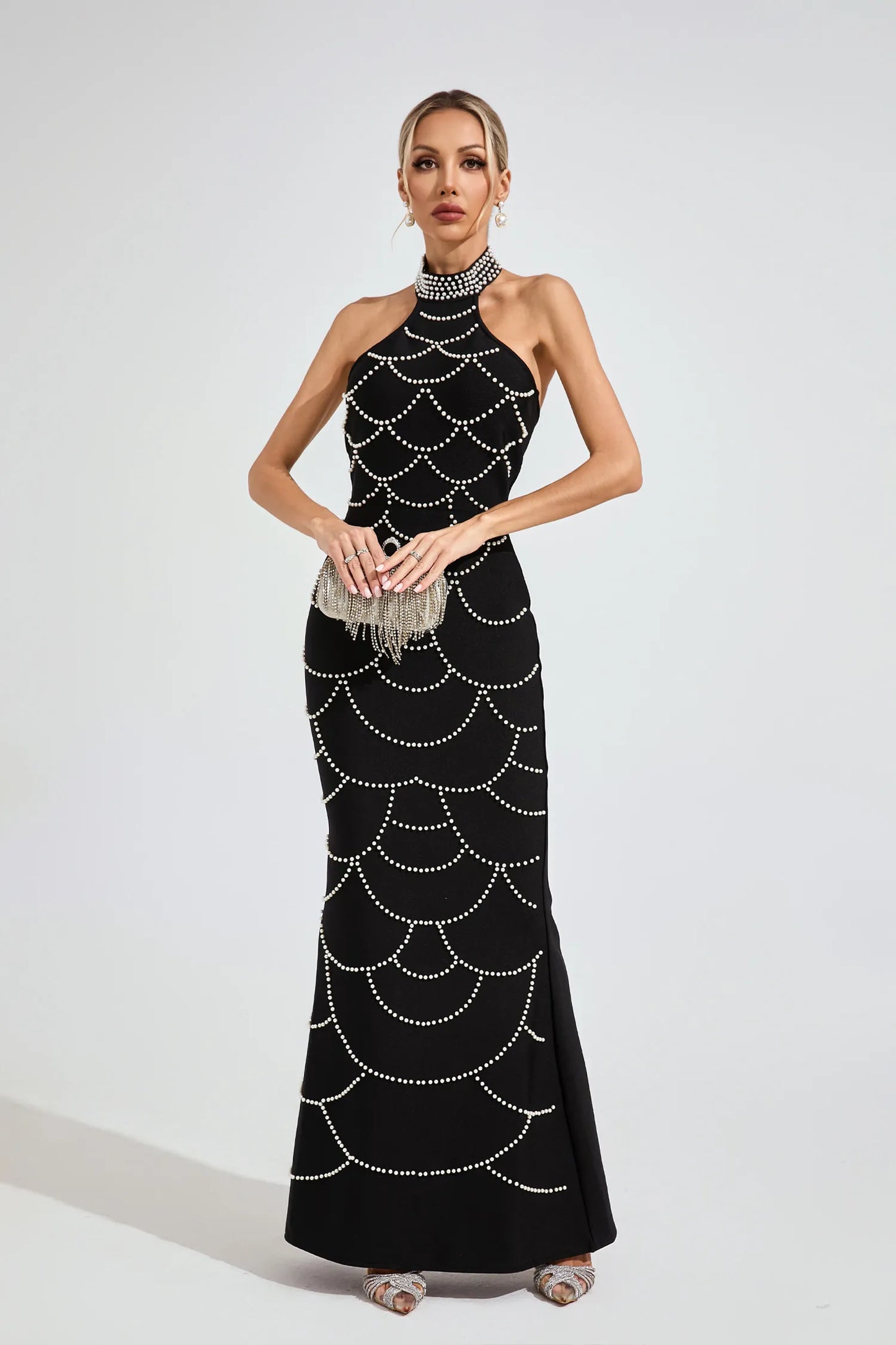 Imogen Siyah İnci Halter Bandaj Maxi Elbise