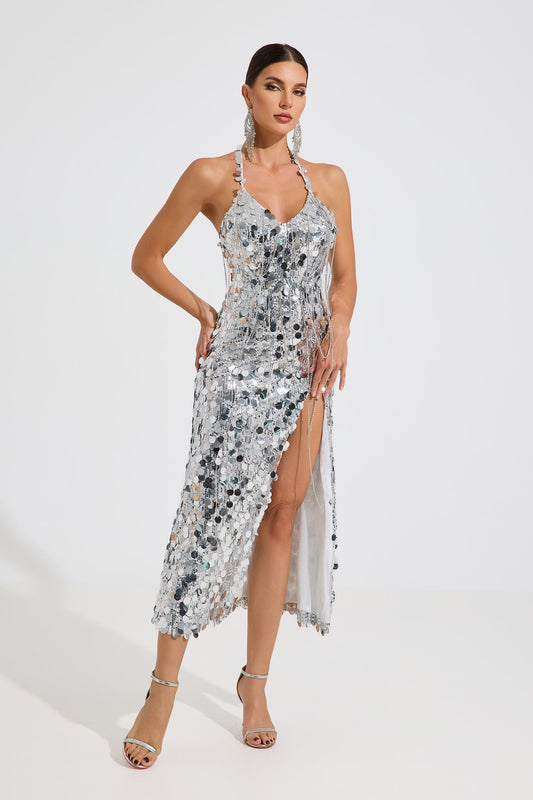 Elridge Ayna Payetli Halter Maxi Elbise