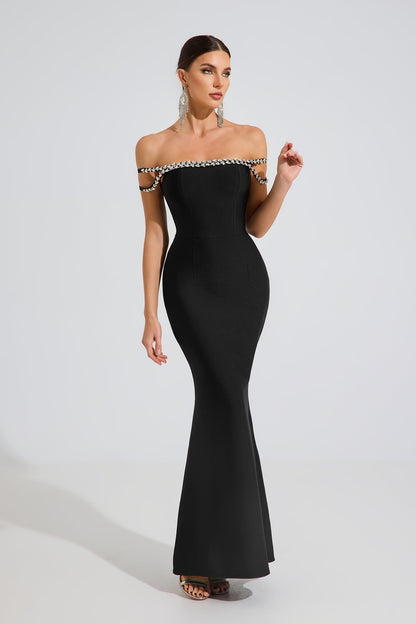 Clio Pearl Whisper Off-Shoulder Maxi Elbise