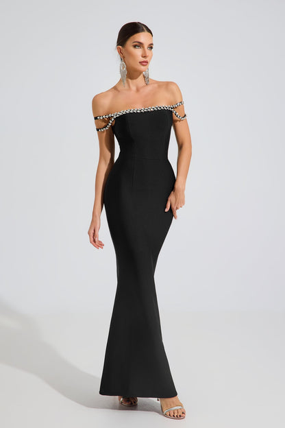 Clio Pearl Whisper Off-Shoulder Maxi Elbise