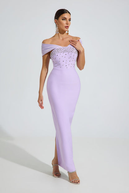 Ok Off-Shoulder Kristal Maxi Elbise