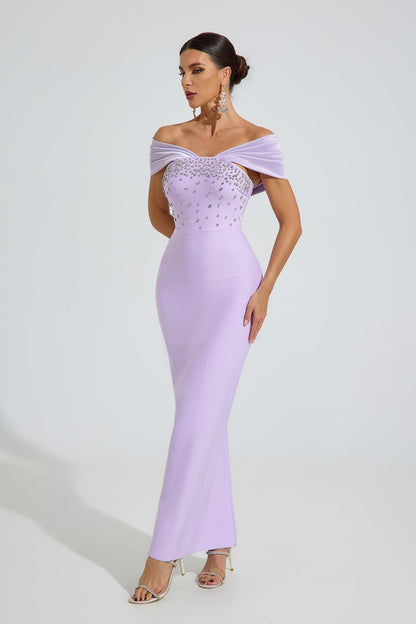 Ok Off-Shoulder Kristal Maxi Elbise