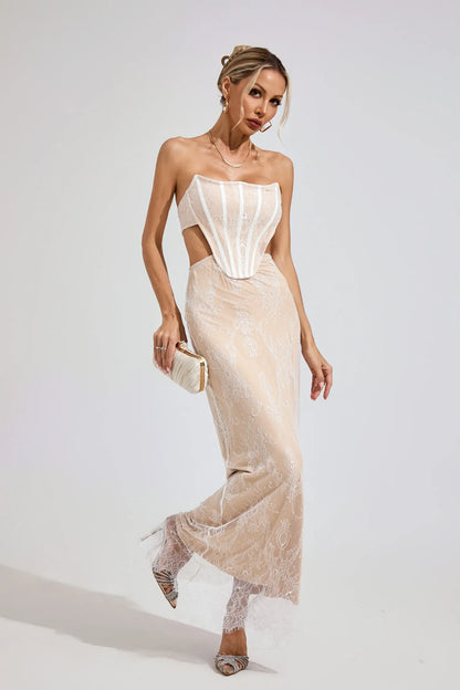 Ayodele Bej Dantel Off-Shoulder Maxi Elbise