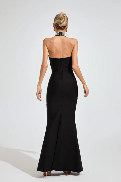 Imogen Siyah İnci Halter Bandaj Maxi Elbise
