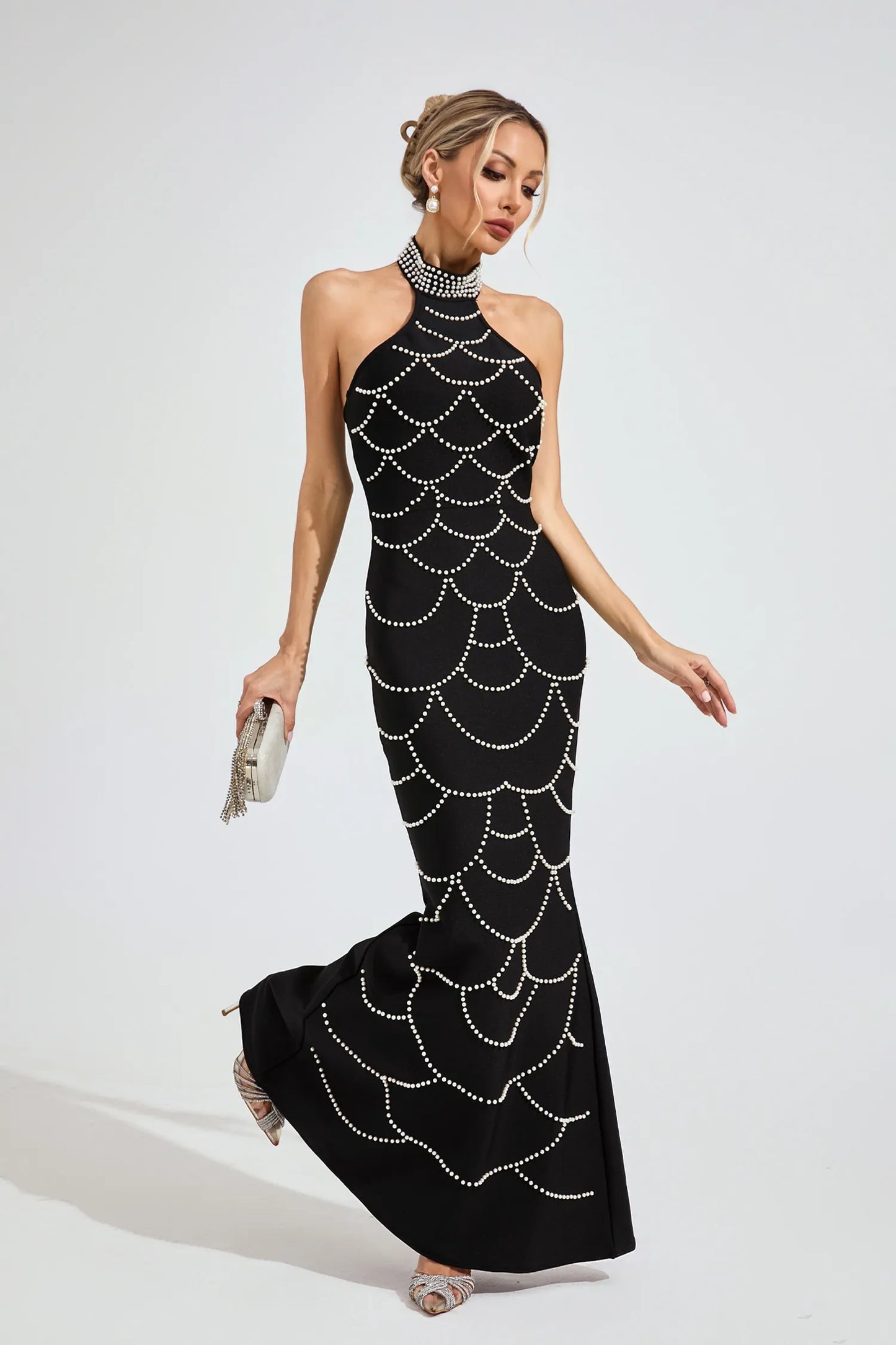 Imogen Siyah İnci Halter Bandaj Maxi Elbise