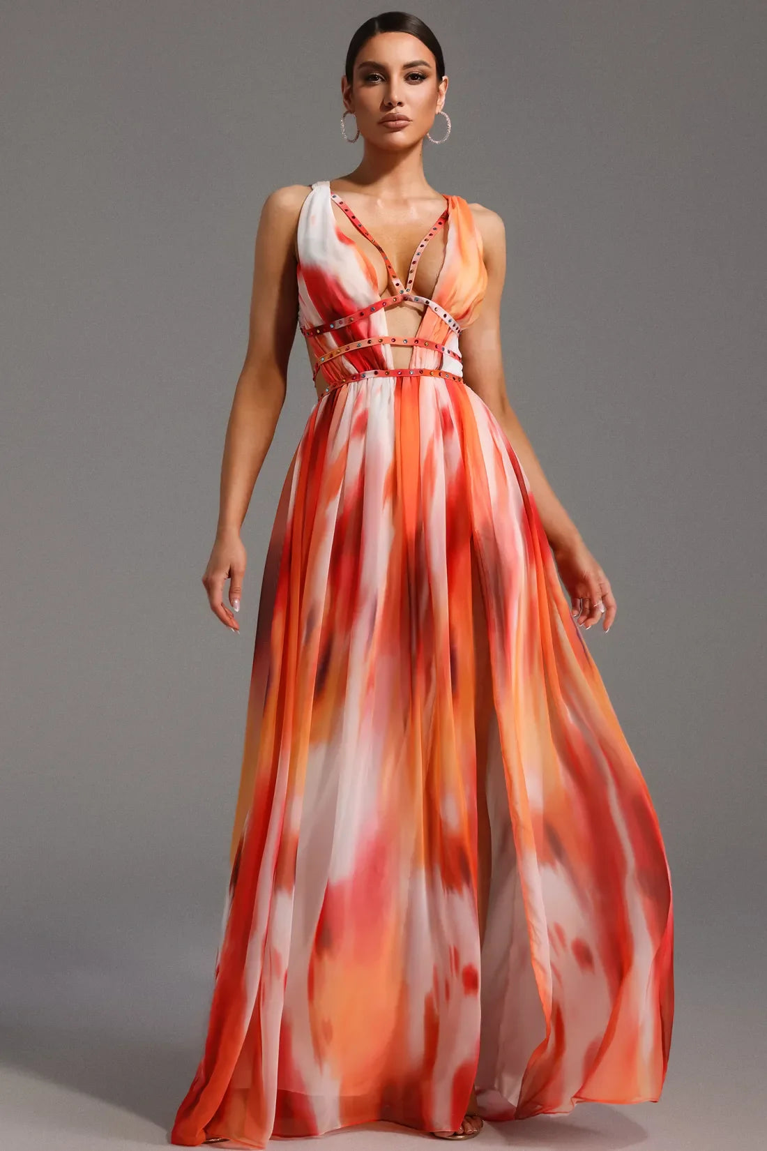 Ierra Kolsuz V Yaka Elmas Desenli Maxi Elbise