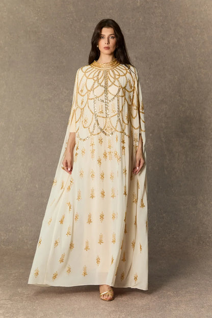 Mükemmel Lüks Bej Payetli İşlemeli Maxi Kaftan