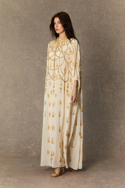 Mükemmel Lüks Bej Payetli İşlemeli Maxi Kaftan