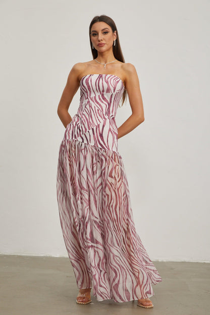 Giselle Rose Zebra Desenli Askısız Maxi Elbise