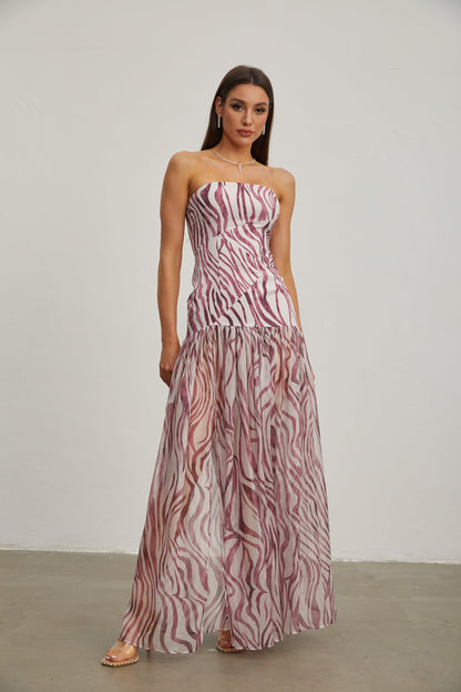 Giselle Rose Zebra Desenli Askısız Maxi Elbise