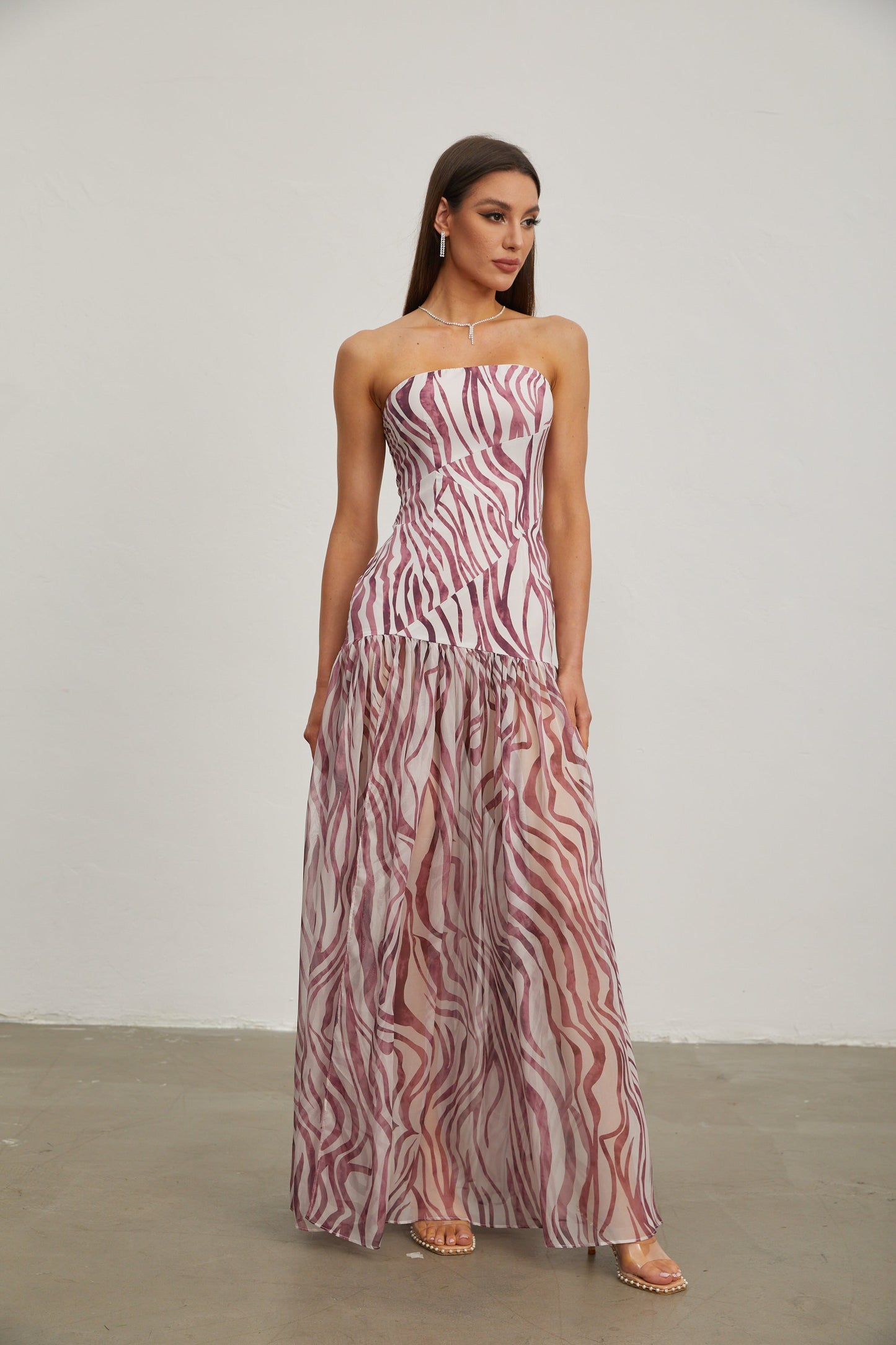 Giselle Rose Zebra Desenli Askısız Maxi Elbise