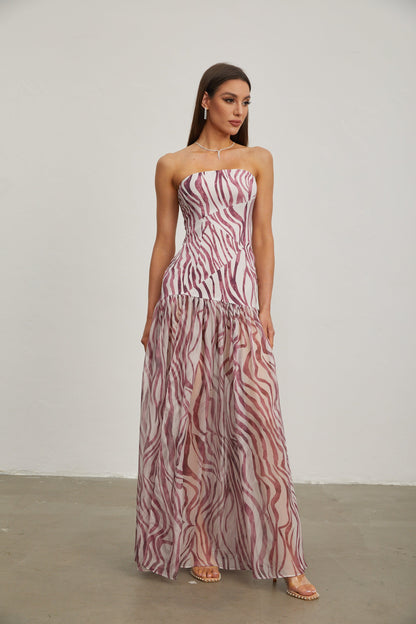 Giselle Rose Zebra Desenli Askısız Maxi Elbise