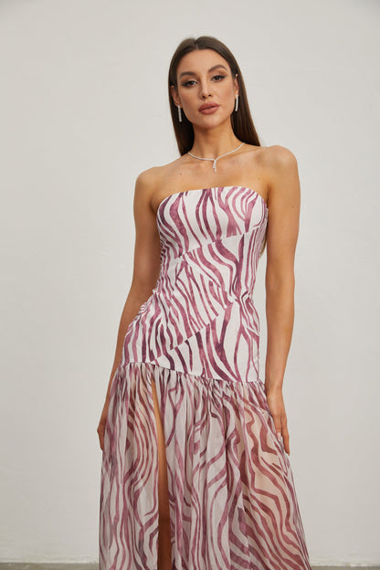 Giselle Rose Zebra Desenli Askısız Maxi Elbise