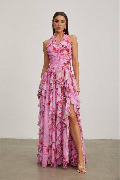 Eulalie Pembe Yaprak Volanlı Halter Maxi Elbise