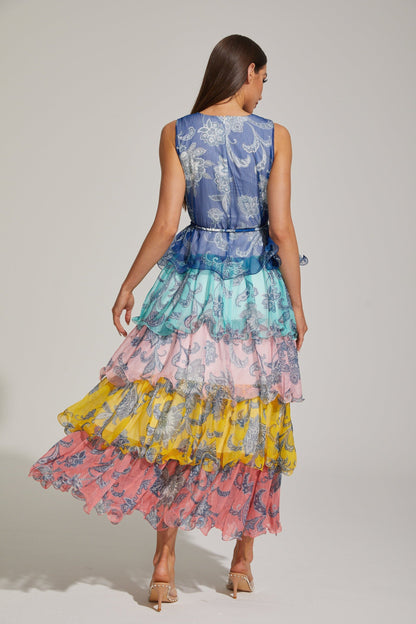 Janique Rainbow Paisley Ruffled Maxi Elbise