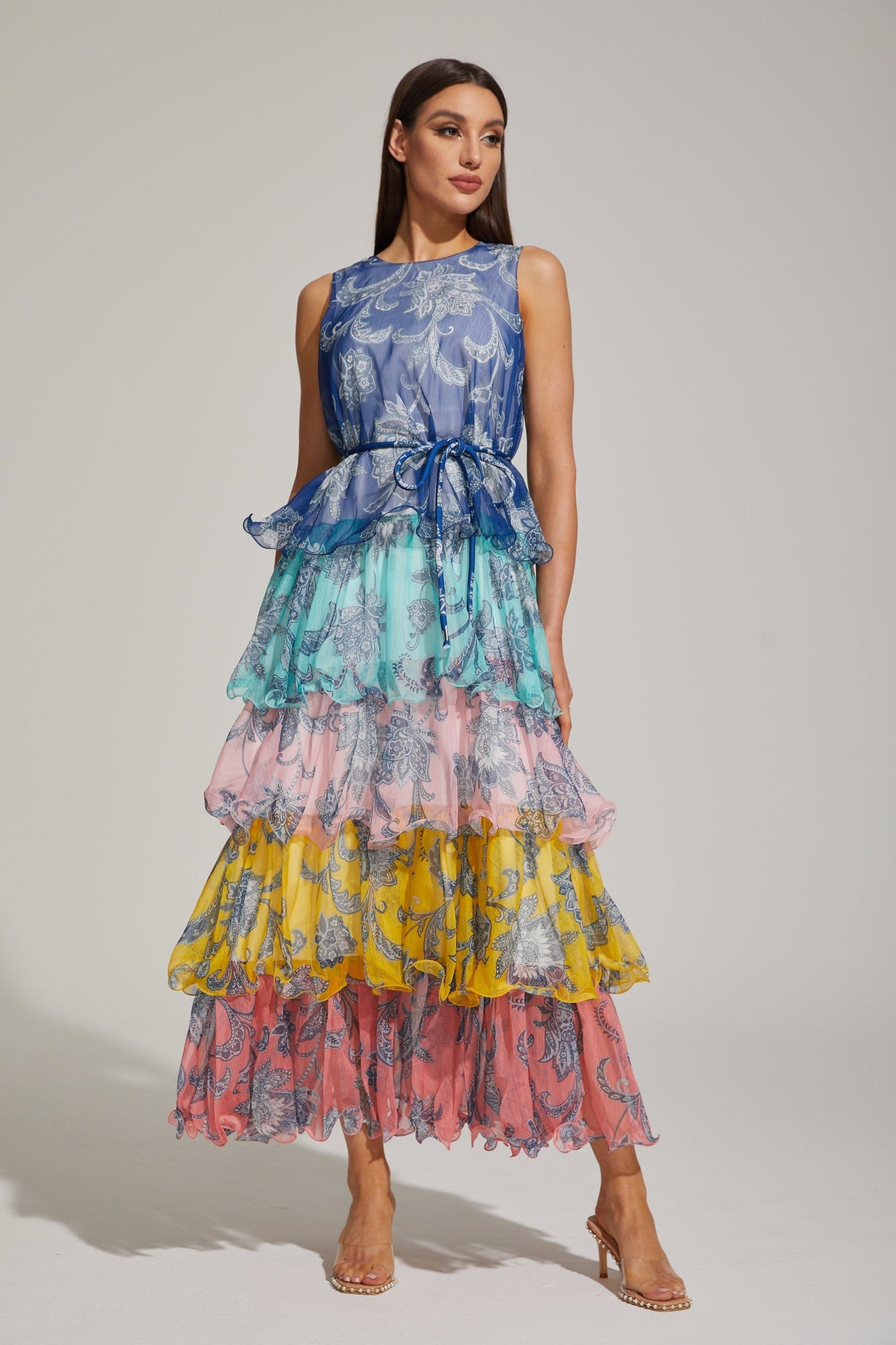 Janique Rainbow Paisley Ruffled Maxi Elbise