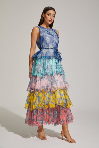 Janique Rainbow Paisley Ruffled Maxi Elbise