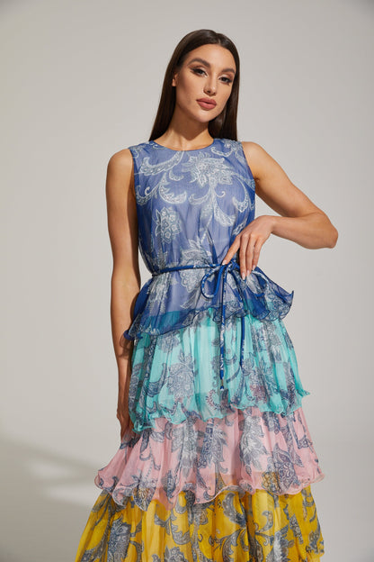 Janique Rainbow Paisley Ruffled Maxi Elbise