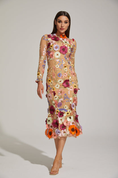 Lilas Büyülü Çiçekli File Midi Elbise