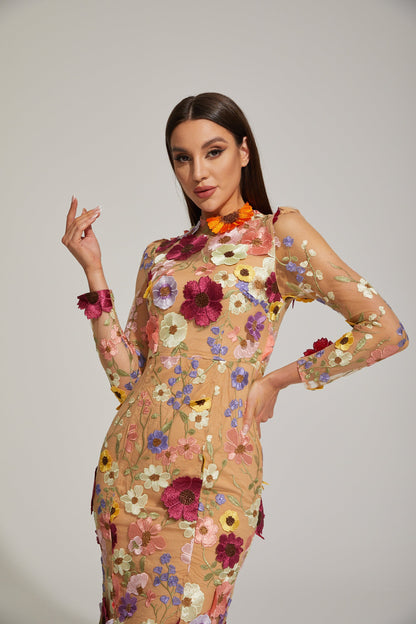 Lilas Büyülü Çiçekli File Midi Elbise