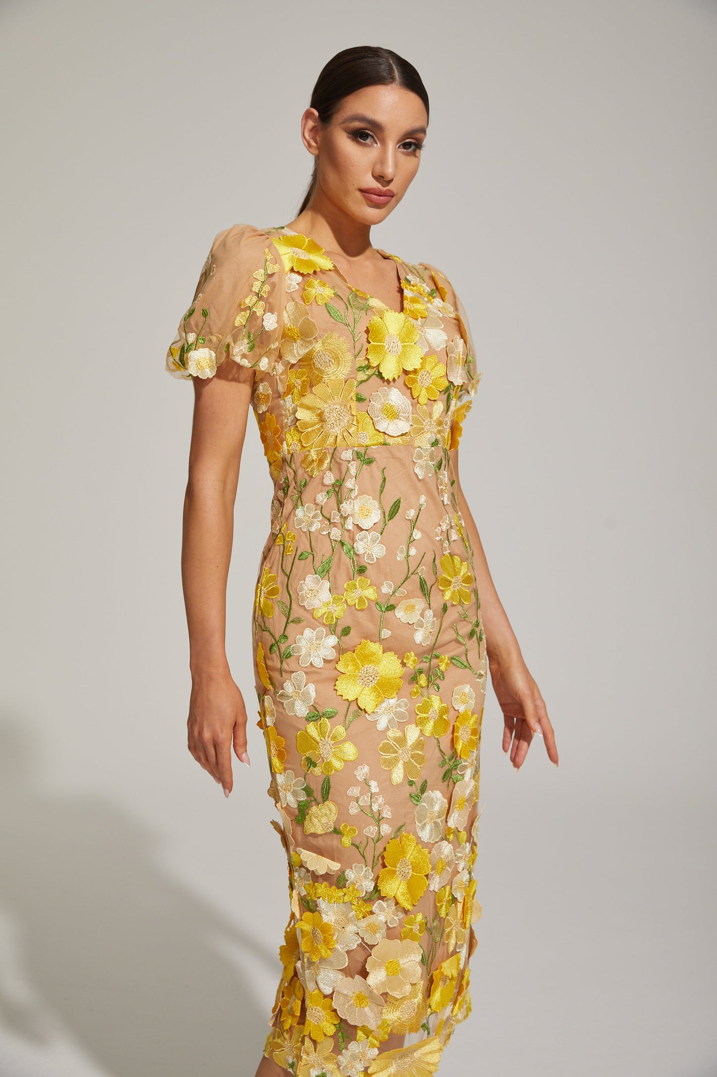 Vivienne Limon Çiçeği Ağı Mesh Midi Elbise