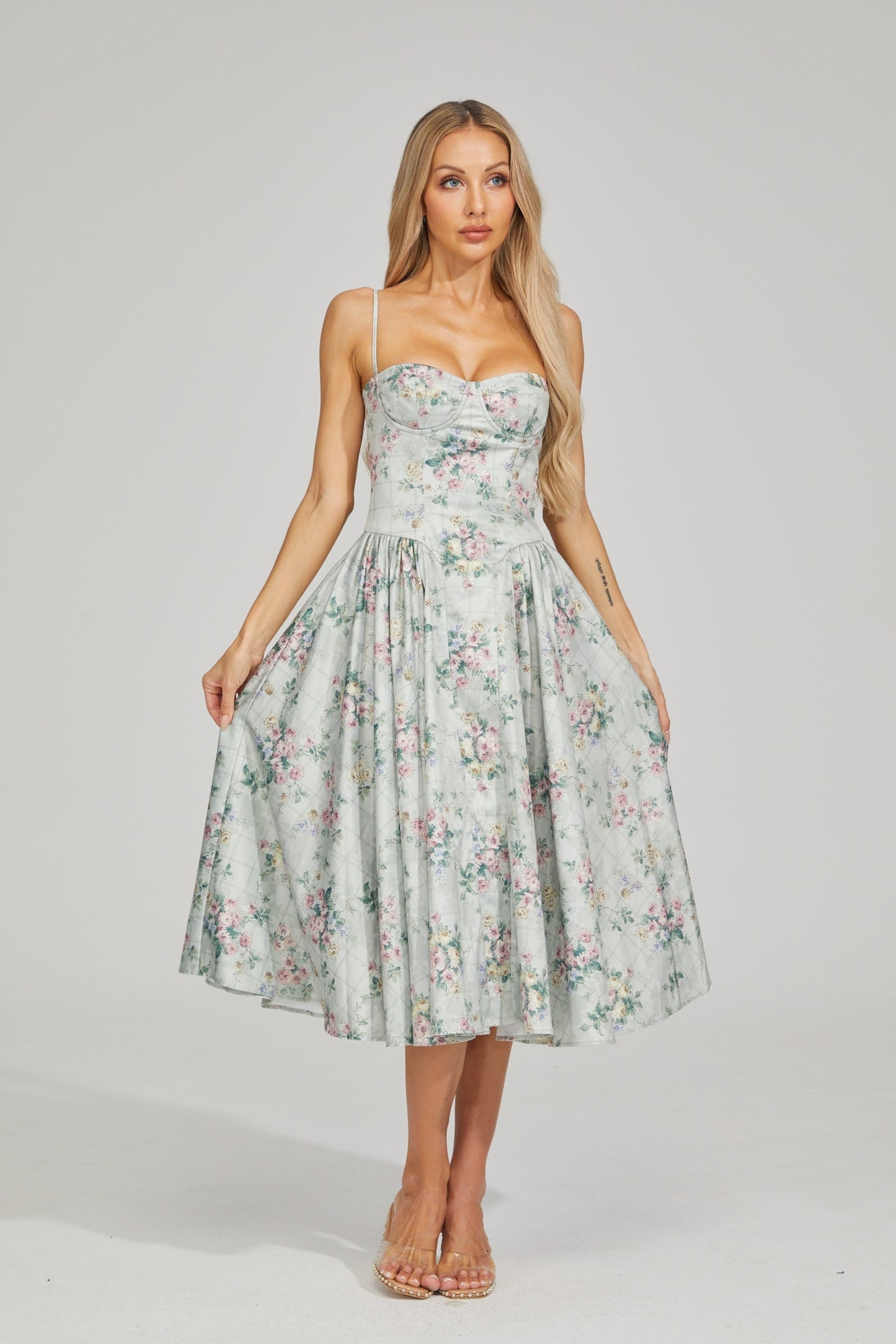 Tinsley Fleur Saten Midi Elbise