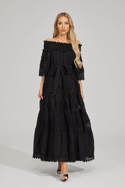 Rainaude Siyah Off-Shoulder Dantel Maxi Elbise