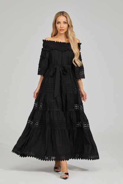 Rainaude Siyah Off-Shoulder Dantel Maxi Elbise