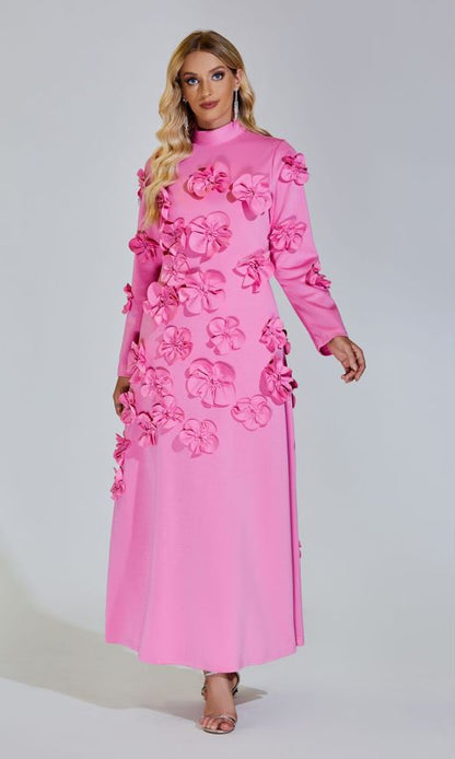 Elva Pembe Uzun Kol Çiçekli Maxi Elbise