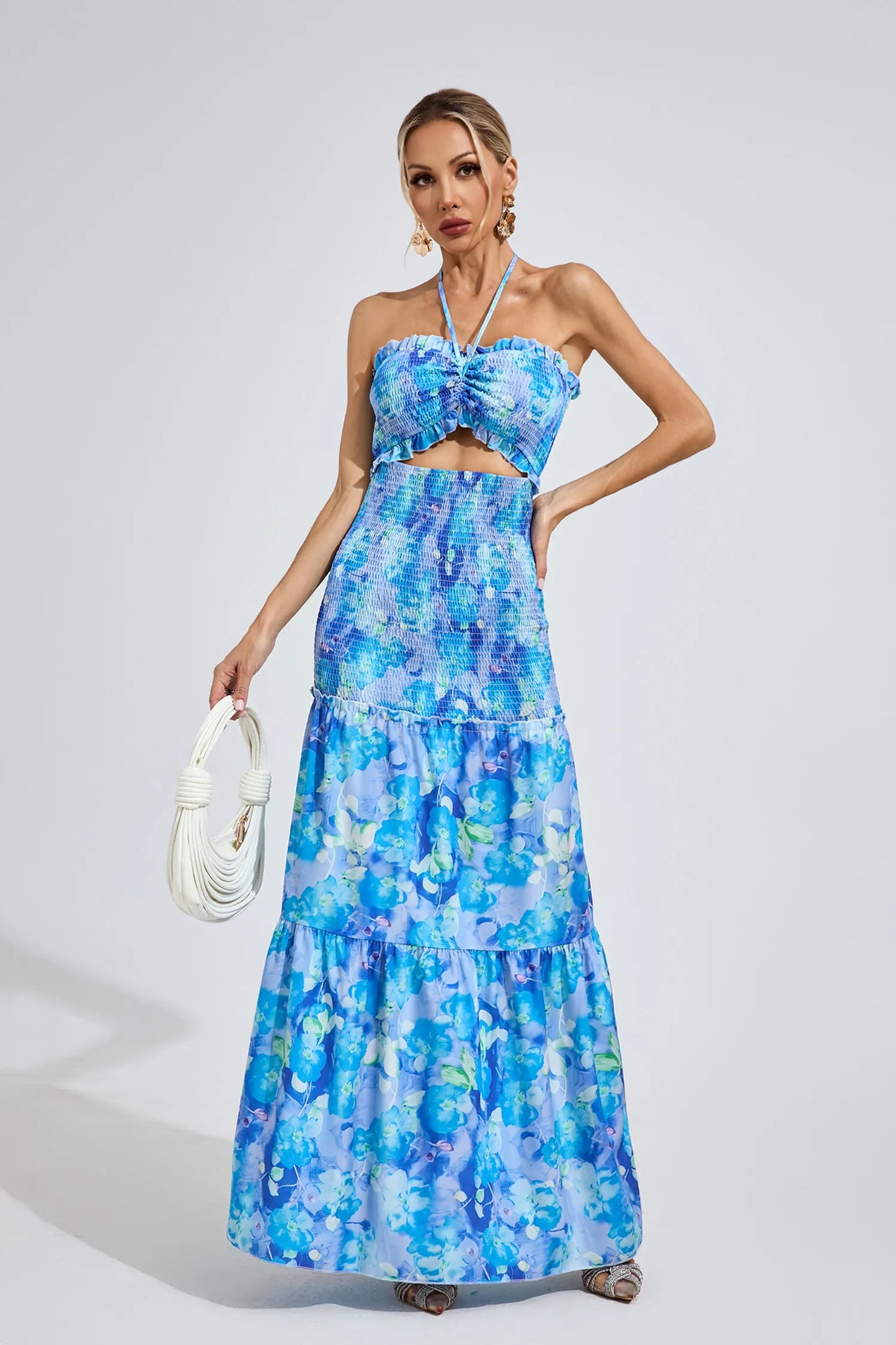 Ellison Mavi Volanlı Halter Maxi Elbise