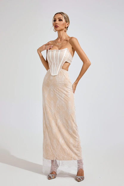 Ayodele Bej Dantel Off-Shoulder Maxi Elbise