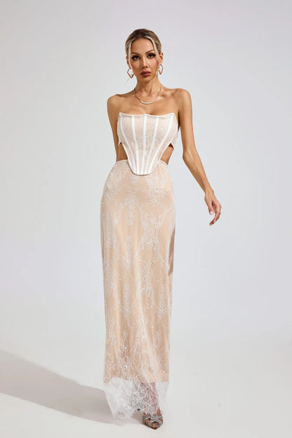 Ayodele Bej Dantel Off-Shoulder Maxi Elbise