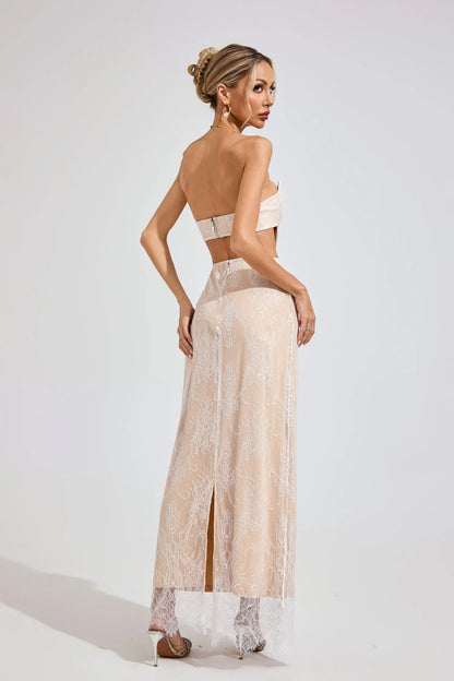 Ayodele Bej Dantel Off-Shoulder Maxi Elbise