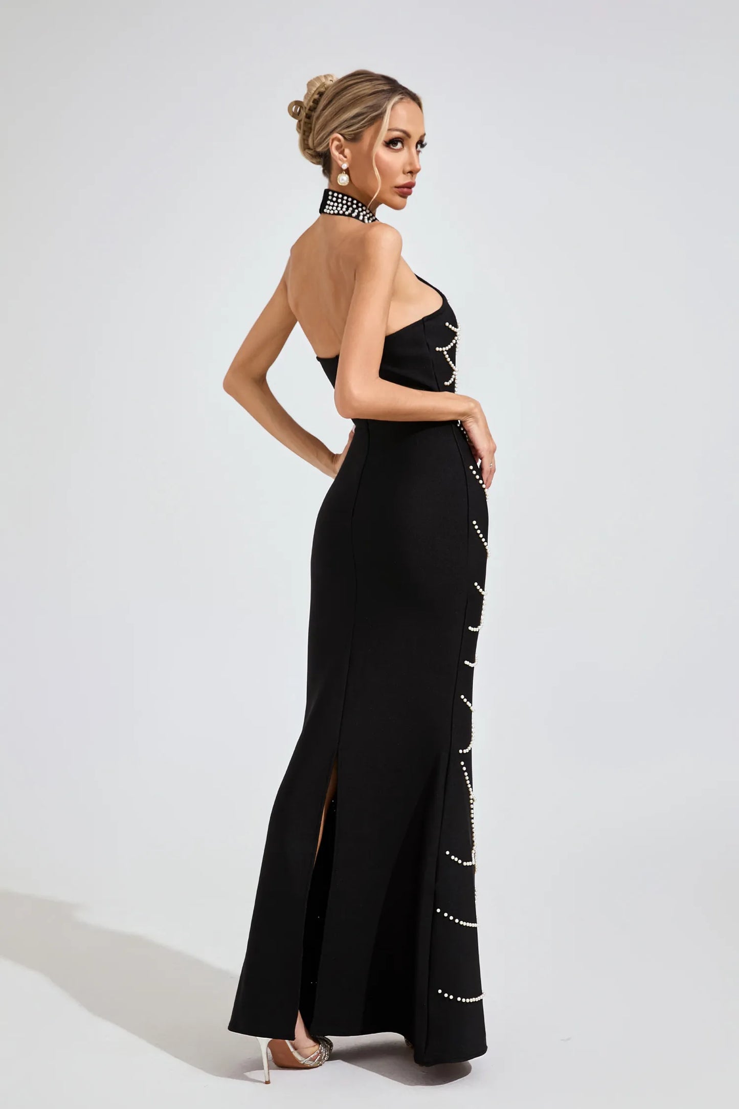 Imogen Siyah İnci Halter Bandaj Maxi Elbise