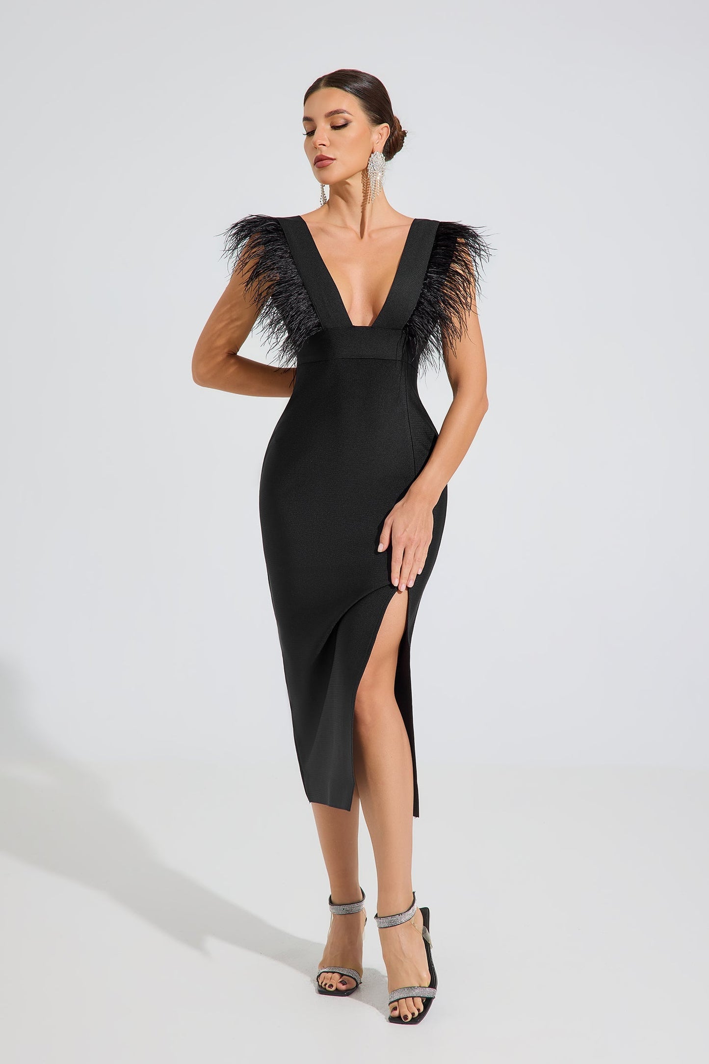Gruia Noir Feather Grace Midi Elbise