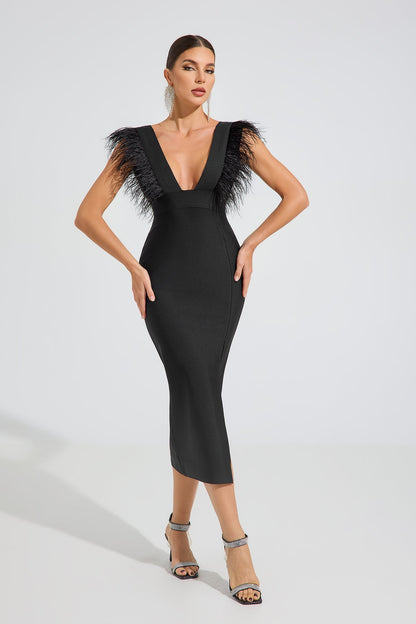 Gruia Noir Feather Grace Midi Elbise