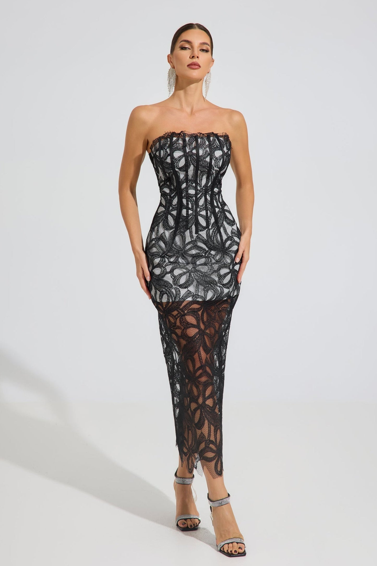 Fiona Noir Dantel Korse Maxi Elbise