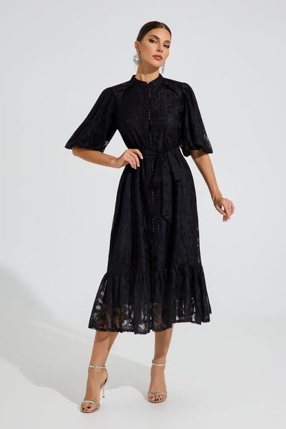 Valmont Noir Grace Kemerli Midi Elbise