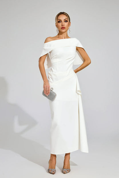 Tiffany Beyaz Volanlı Off Shoulder Maxi Elbise