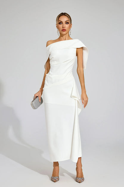 Tiffany Beyaz Volanlı Off Shoulder Maxi Elbise