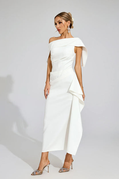 Tiffany Beyaz Volanlı Off Shoulder Maxi Elbise