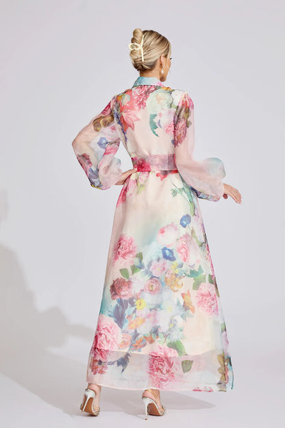 Farah Pembe Fransız 3D Çiçekli Maxi Elbise