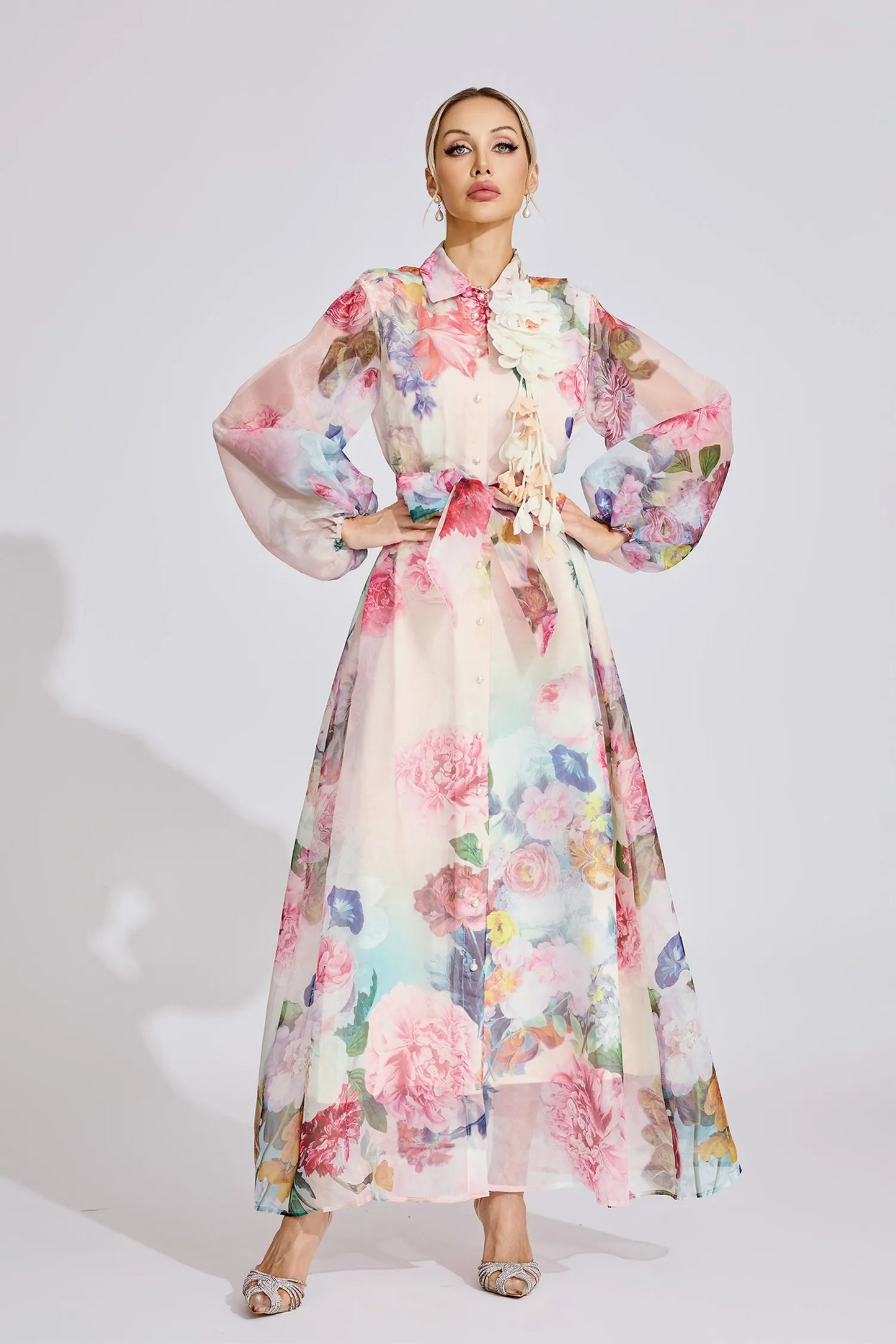 Farah Pembe Fransız 3D Çiçekli Maxi Elbise