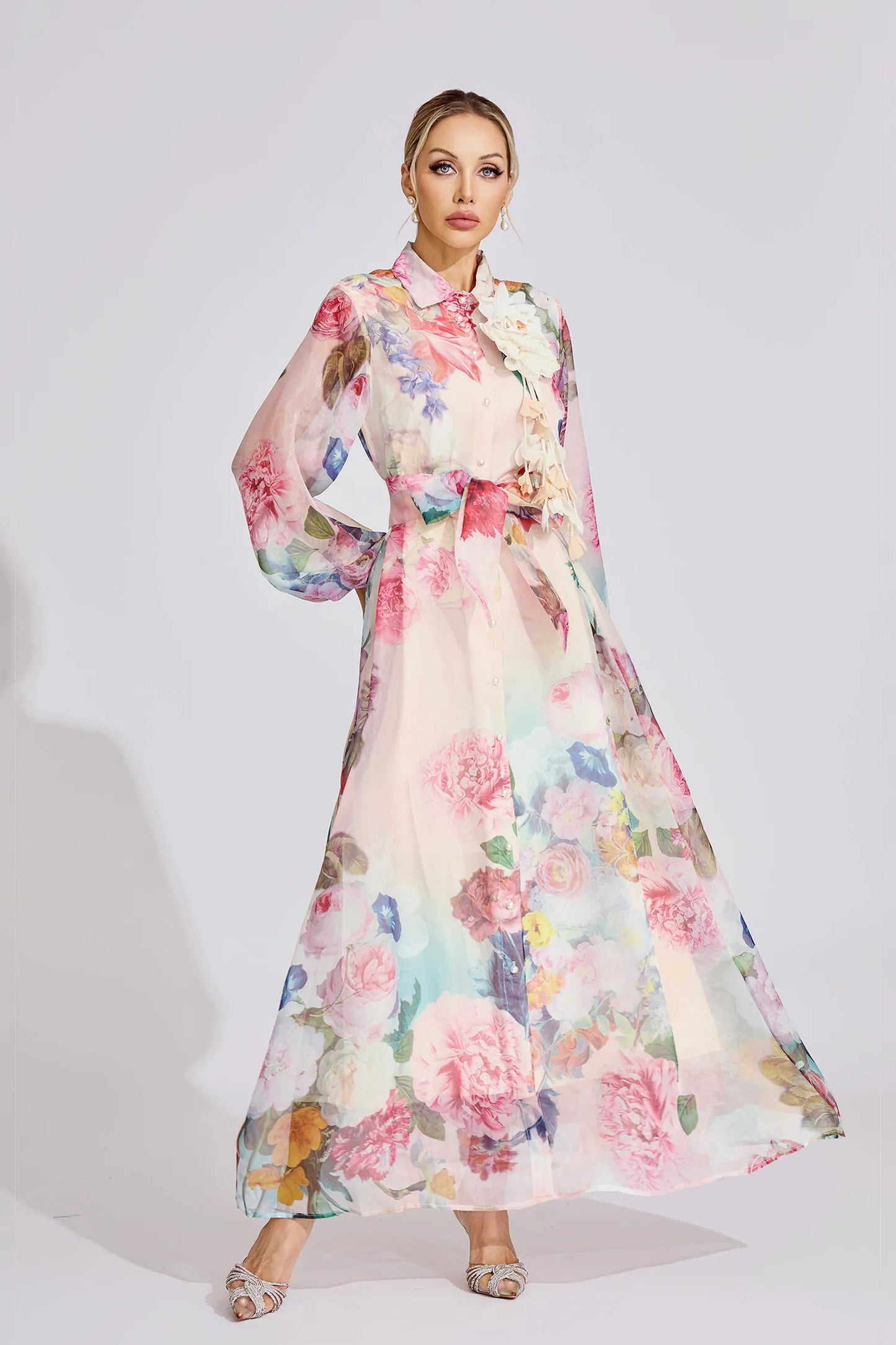 Farah Pembe Fransız 3D Çiçekli Maxi Elbise