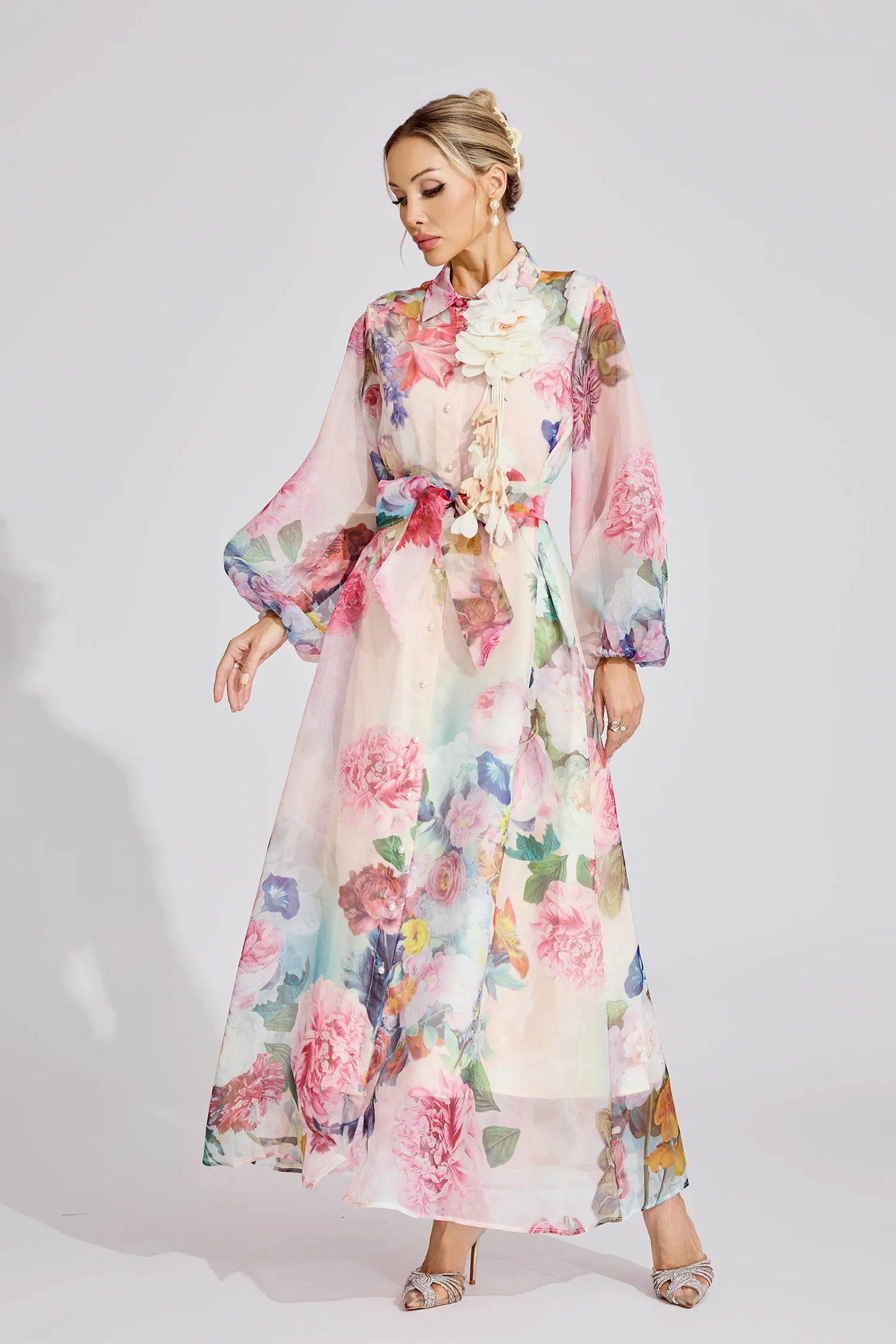 Farah Pembe Fransız 3D Çiçekli Maxi Elbise