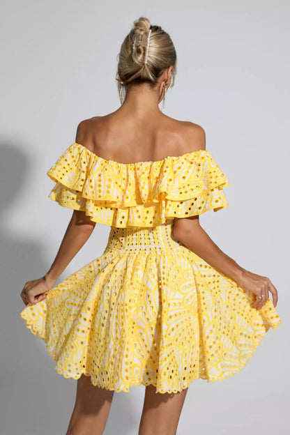Amora Sarı Kesik Ruffle Mini Elbise