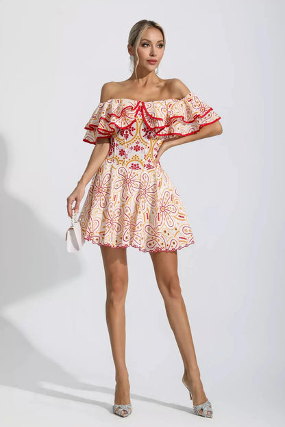Amora Kırmızı Kesik Ruffle Mini Elbise