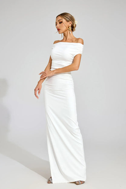 Monica Beyaz Off Shoulder Maxi Elbise