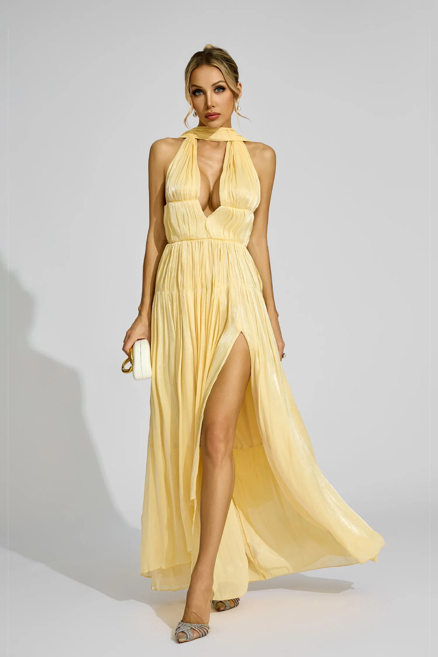 Brittany Sarı Halter Plise Maxi Elbise