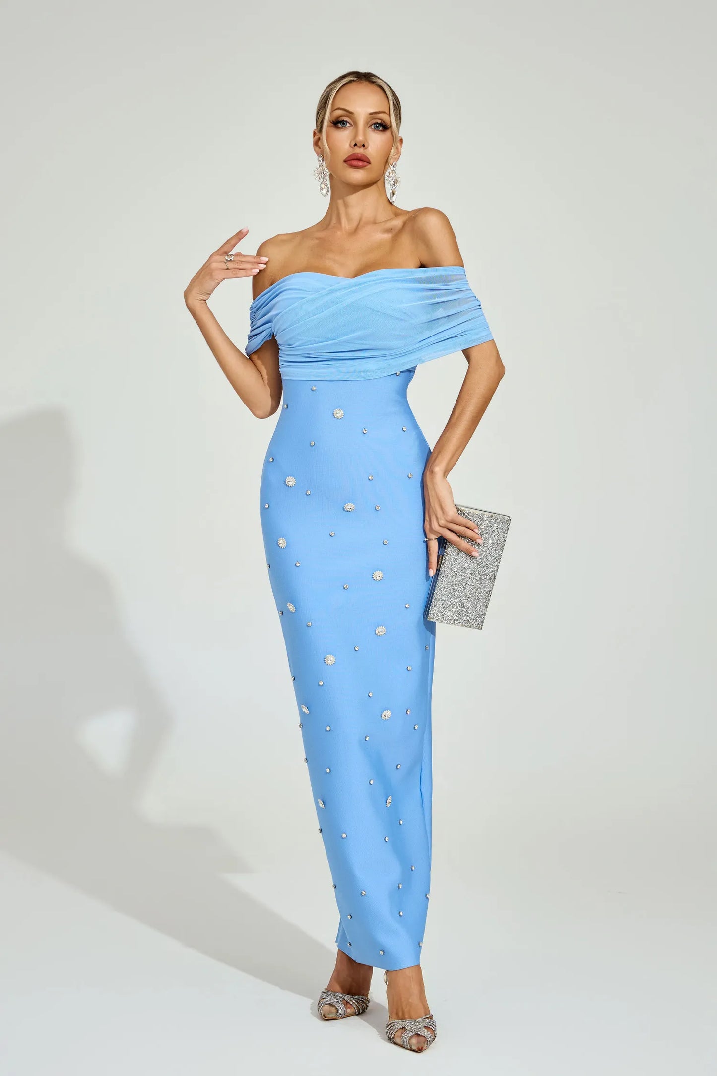 Ella Açık Mavi Off - Shoulder Midi Elbise